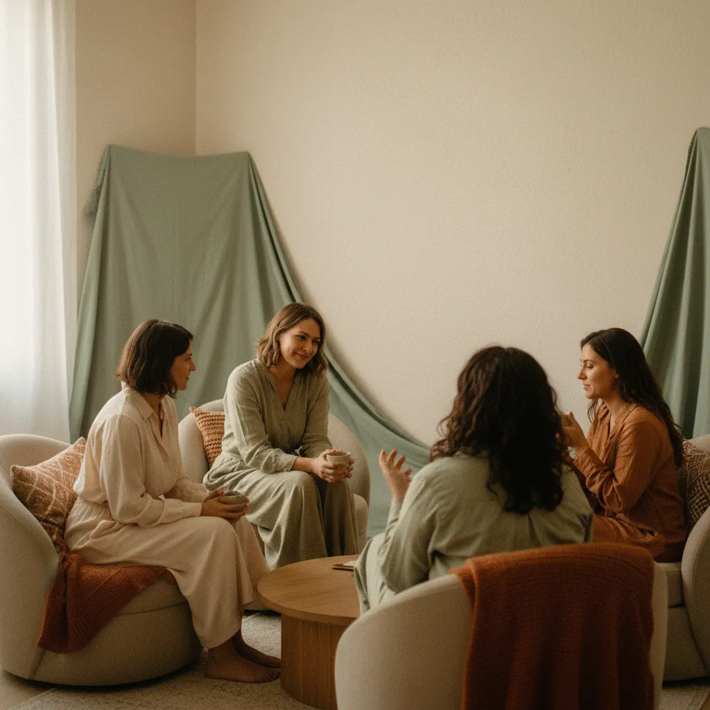 Mothers connecting calmly in a warm, inviting space