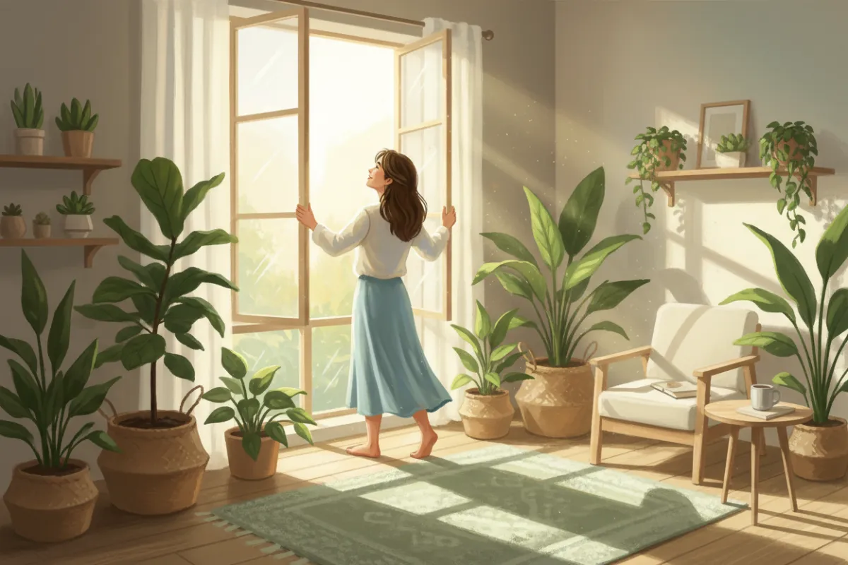 A hopeful digital painting of a person opening a window to let in soft morning light, surrounded by gentle green plants and calming decor. The subject’s posture is relaxed and optimistic, symbolizing new beginnings and the supportive journey ahead in a tranquil, modern space.
