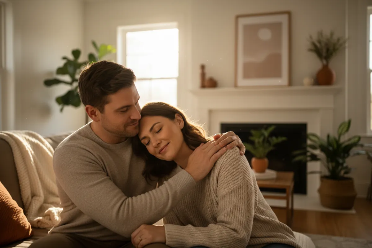A comforting scene of a person being gently supported by a friend in a cozy living room, both appearing empathetic and understanding, with soft natural light and warm tones.