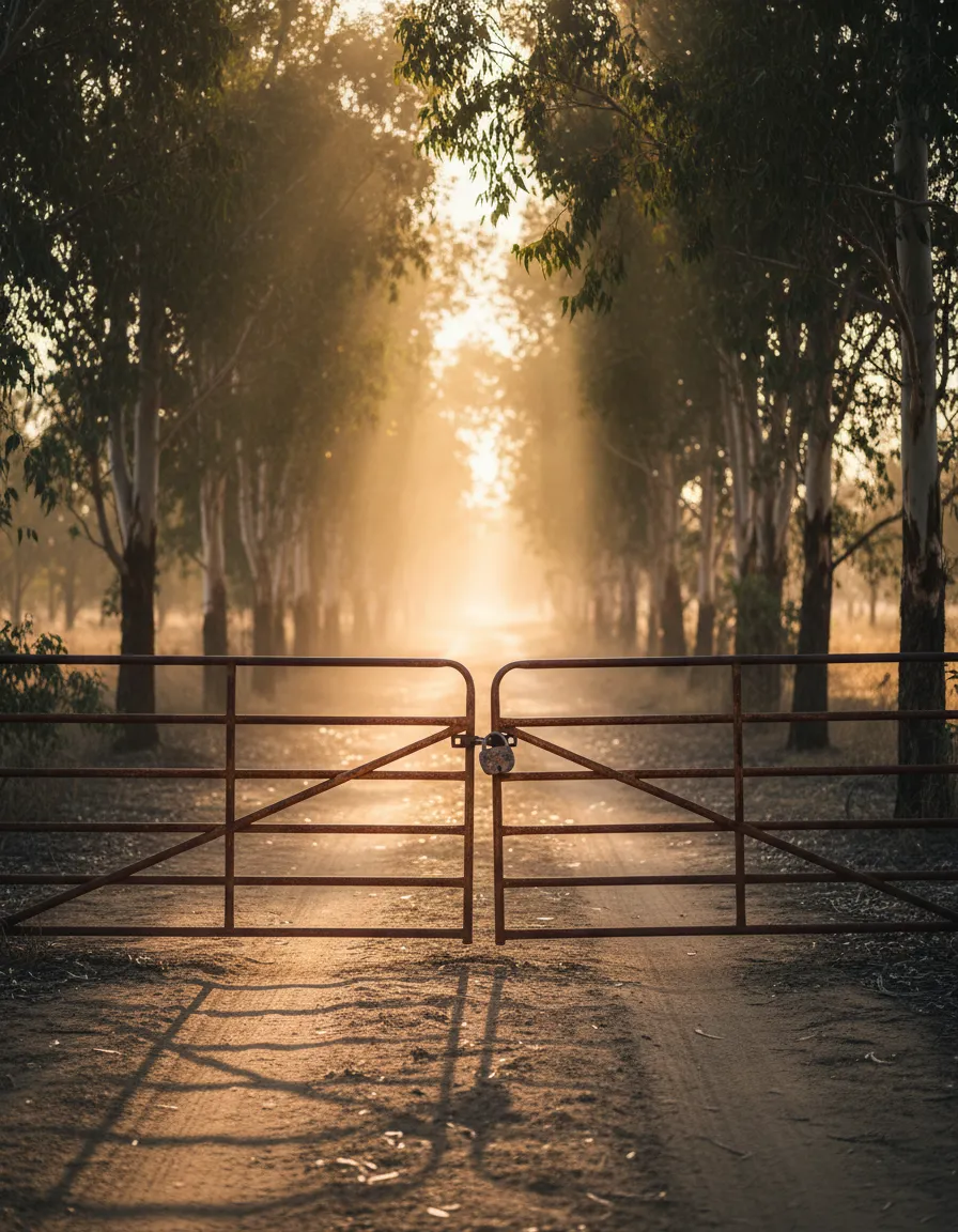 Locked gate blocking public dirt track in Australian outback