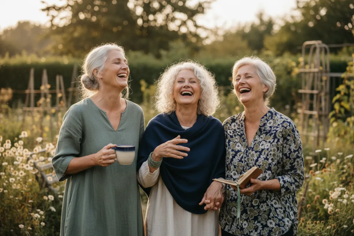 Three smiling older women outdoors