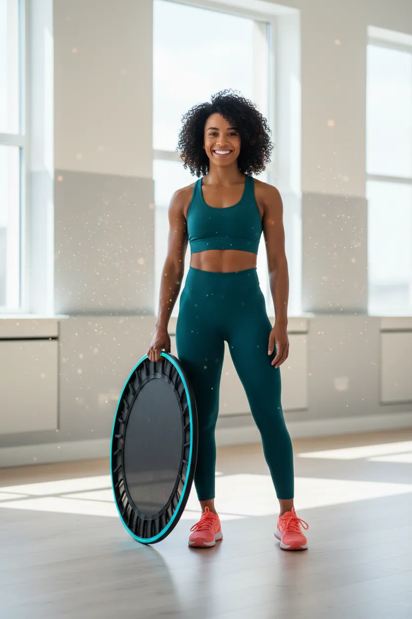 Woman smiling and holding a rebounder after a refreshing workout session