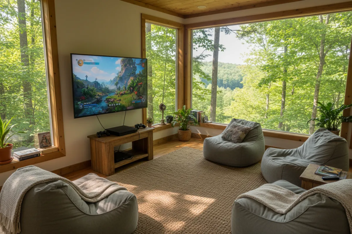 Treehouse studio daytime scene: seasonal gaming lounge with large-screen SMART TV and PlayStation, comfortable seating, treetop views through windows, cozy natural light.