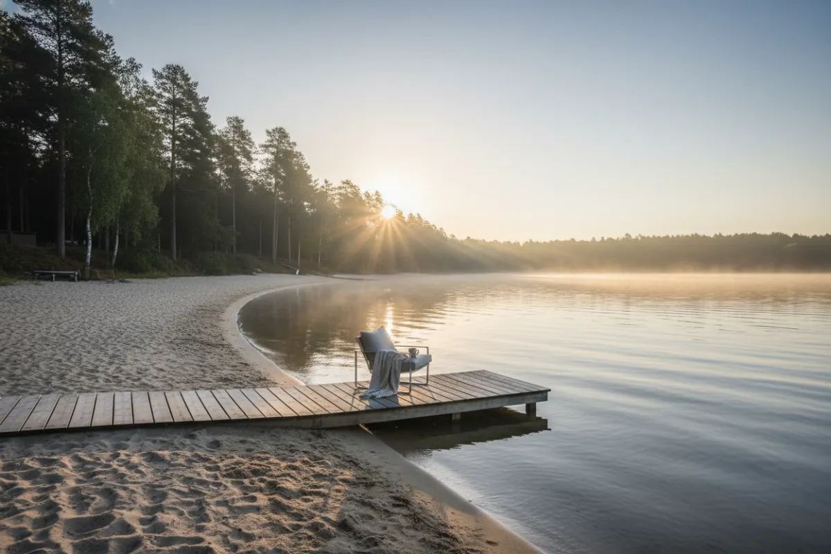 Morning light across the private lakeside beach: calm water, soft mist, distant tree line, minimalist composition emphasizing exclusive shoreline access and quiet reflective moments.