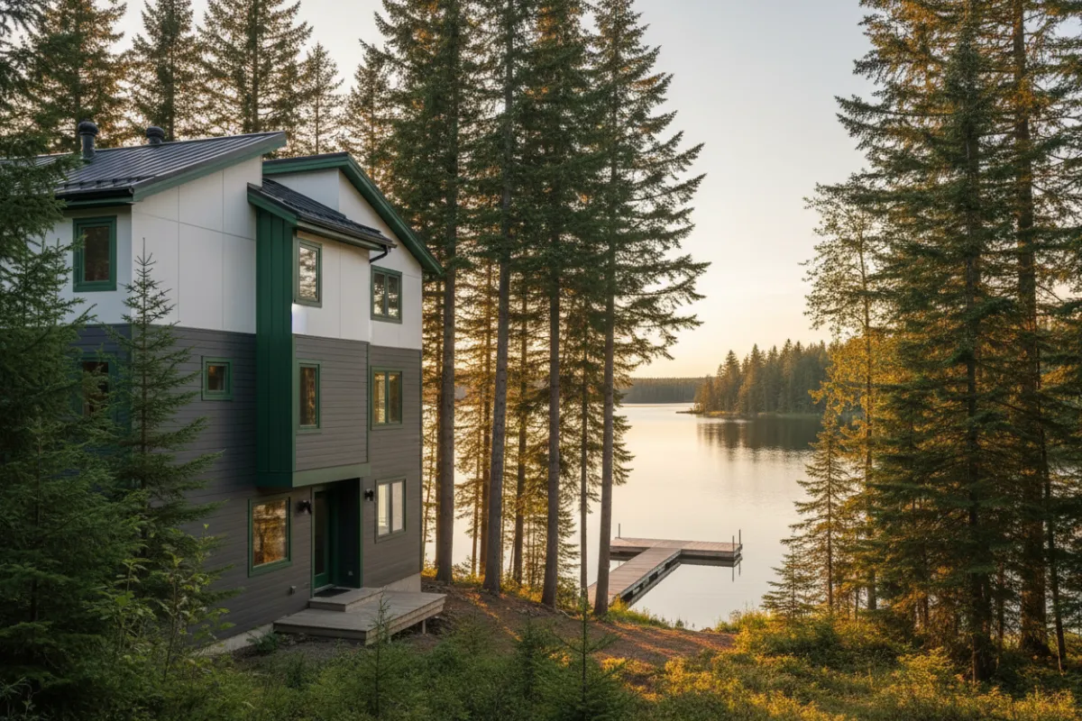 Exterior view at golden hour: the three-suite chalet framed by evergreens, calm lake visible beyond a private dock, soft warm light highlighting minimalist white-and-gray facade and forest-green accents, photorealistic style emphasizing serenity and privacy.