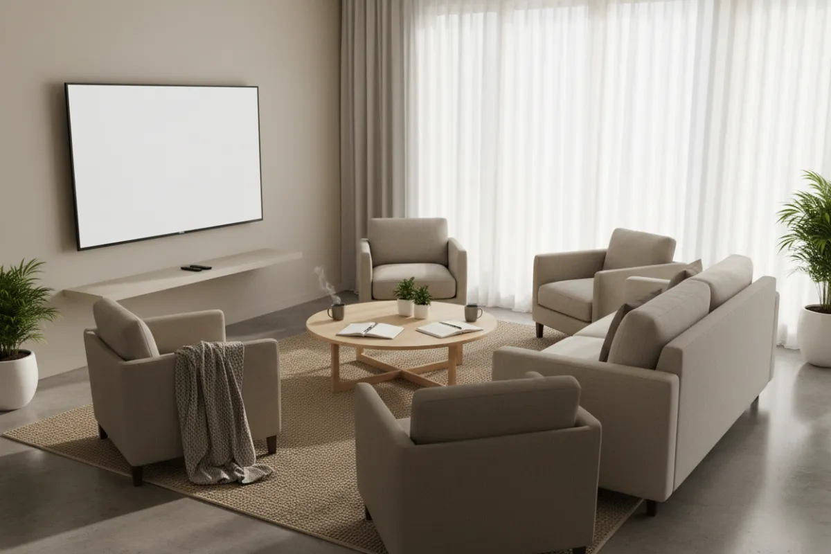 Intimate interior: lower-level living room staged for a strategy session with large-screen SMART TV, minimalist neutral palette, soft natural light through tall windows, photorealistic style conveying privacy and productive comfort.