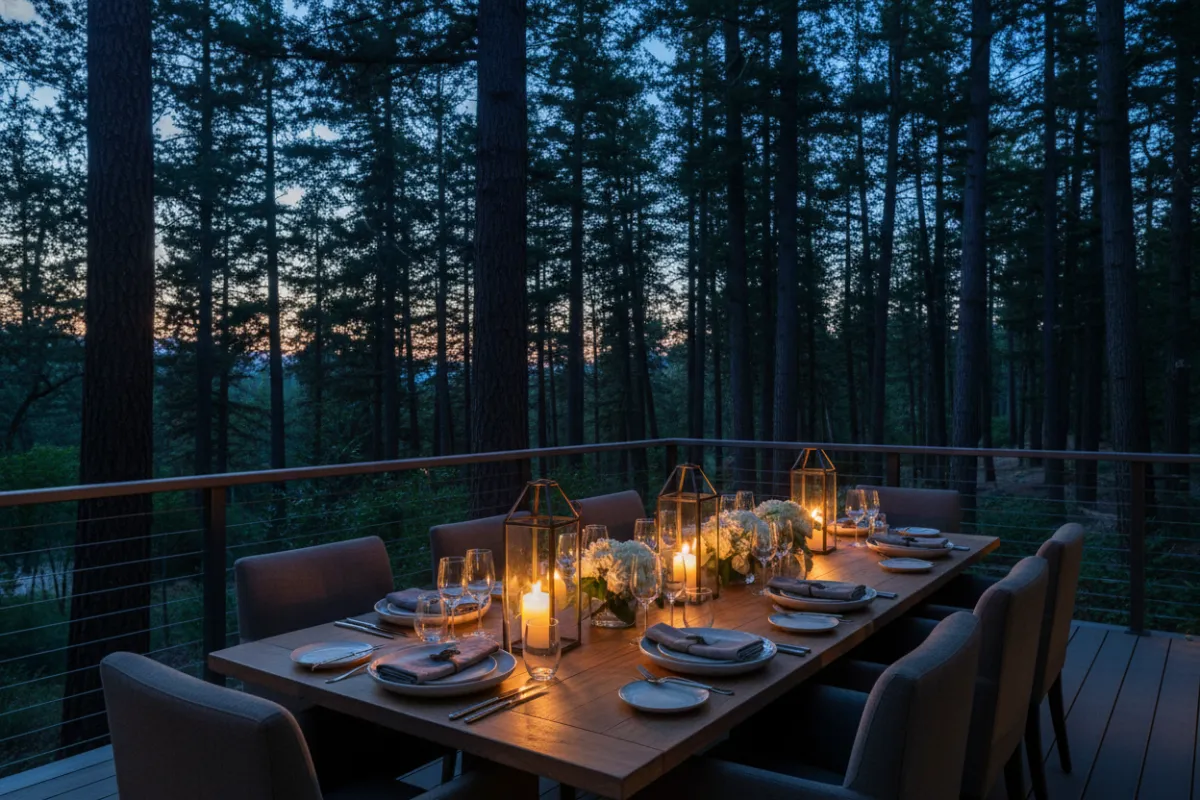 Well-appointed dining deck at dusk: long table set for a private chef dinner, soft lantern lighting, forest backdrop, neutral tabletop styling and slate-gray textiles.