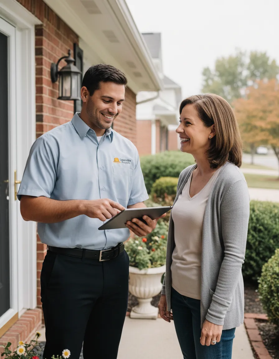 Friendly home repair technician talking with a Louisville homeowner