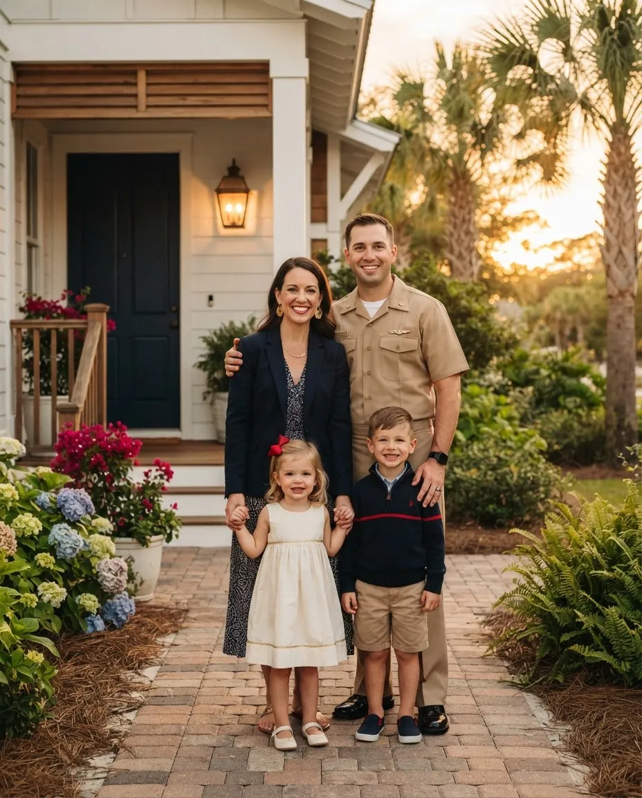 Military family standing together happily outside their new Emerald Coast Florida home