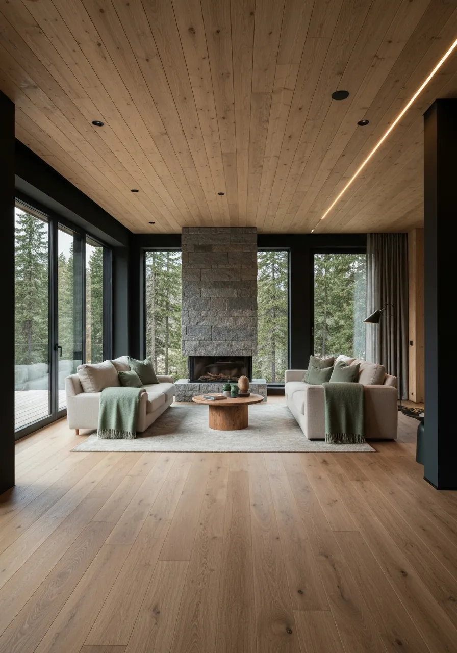 High-quality interior image of the main living space showcasing natural light and warm wood tones