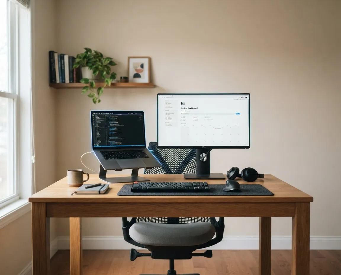 Modern organized professional home office setup with laptop, external display, ergonomic chair, and natural window light for remote work