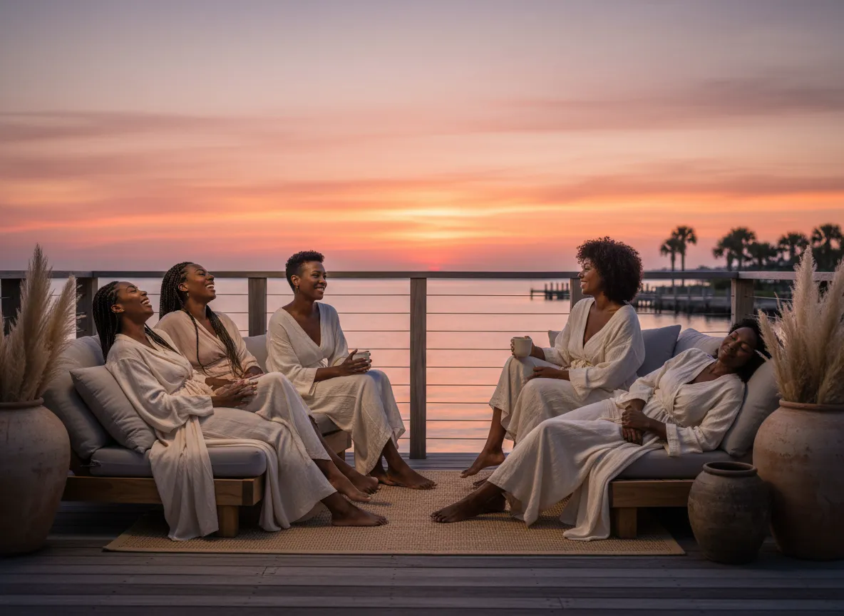 Black women resting and laughing together by the water at sunset