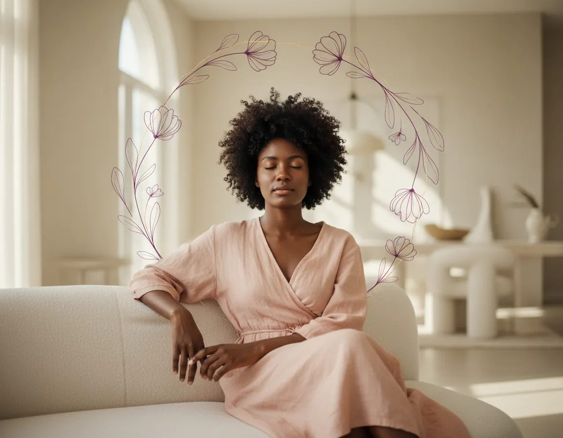 Blooming Alignment logo and Black woman leader at rest