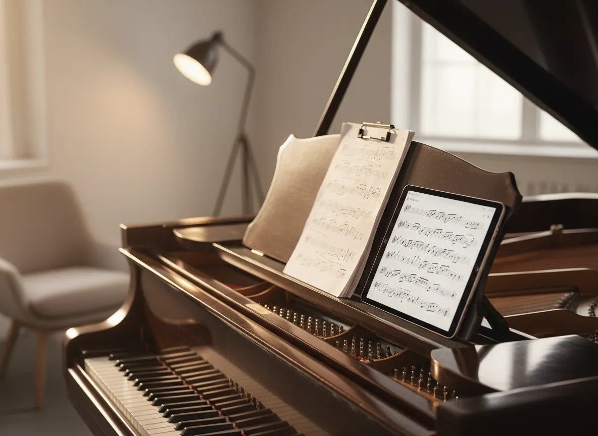 Sheet music spread on piano with tablet displaying digital score