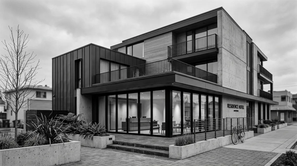 Black-and-white modern mid-rise hotel exterior with a large sliding glass door wall