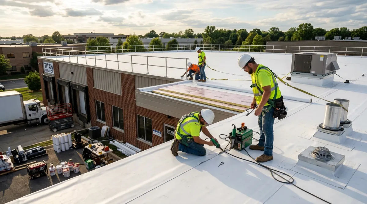 Commercial flat roof TPO and membrane installation on institutional warehouse