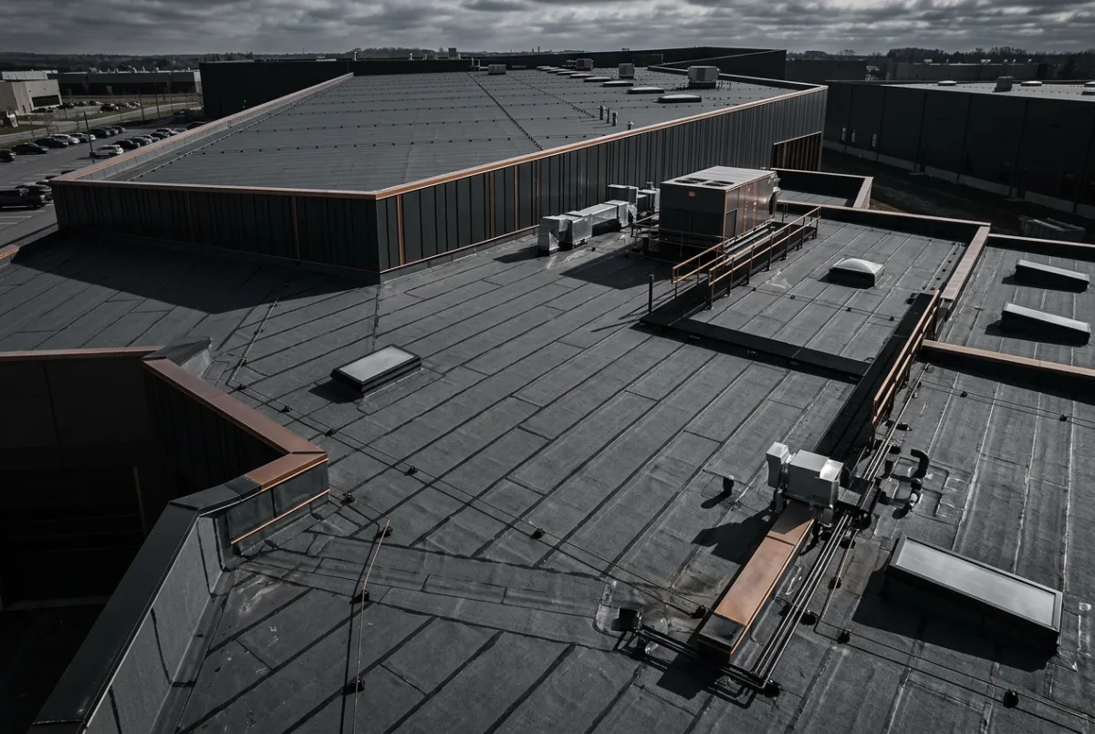 Commercial flat roof TPO and membrane installation on institutional warehouse