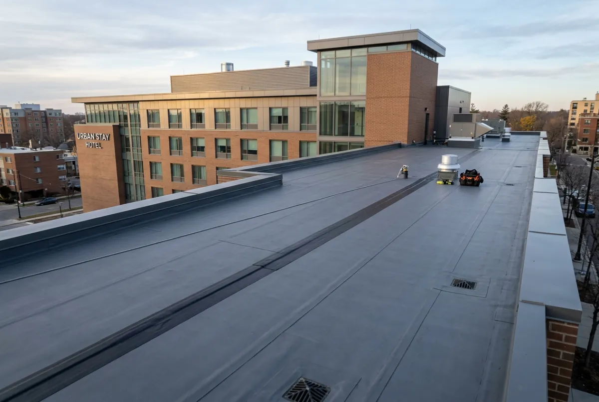 Clean, professional flat EPDM roof repair on a commercial hotel