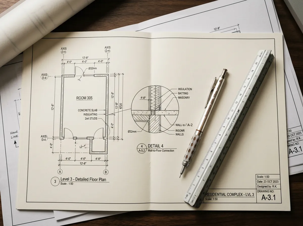 Technical architectural blueprints and high-precision concrete engineering details