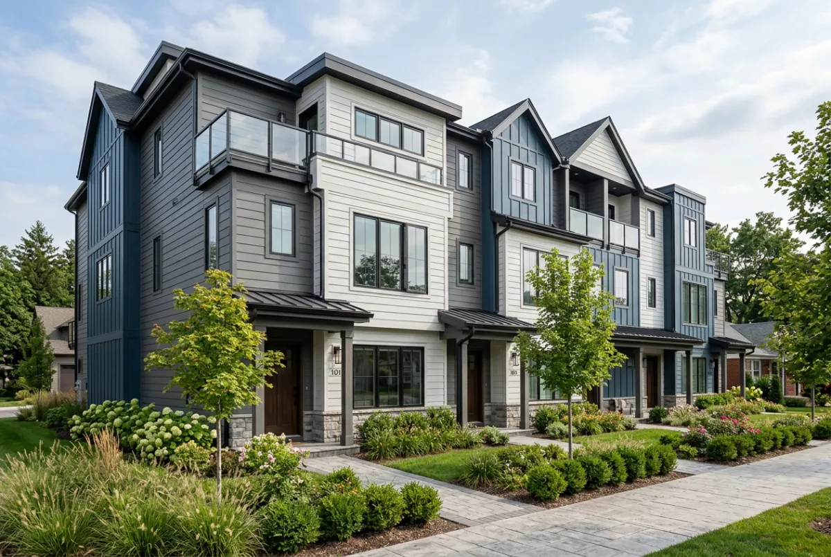 Townhome association exterior with James Hardie siding and Andersen windows
