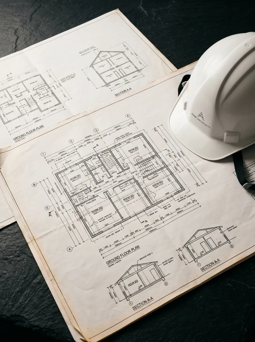 Commercial construction blueprints, architectural drawings, and white hard hat on a project planning desk