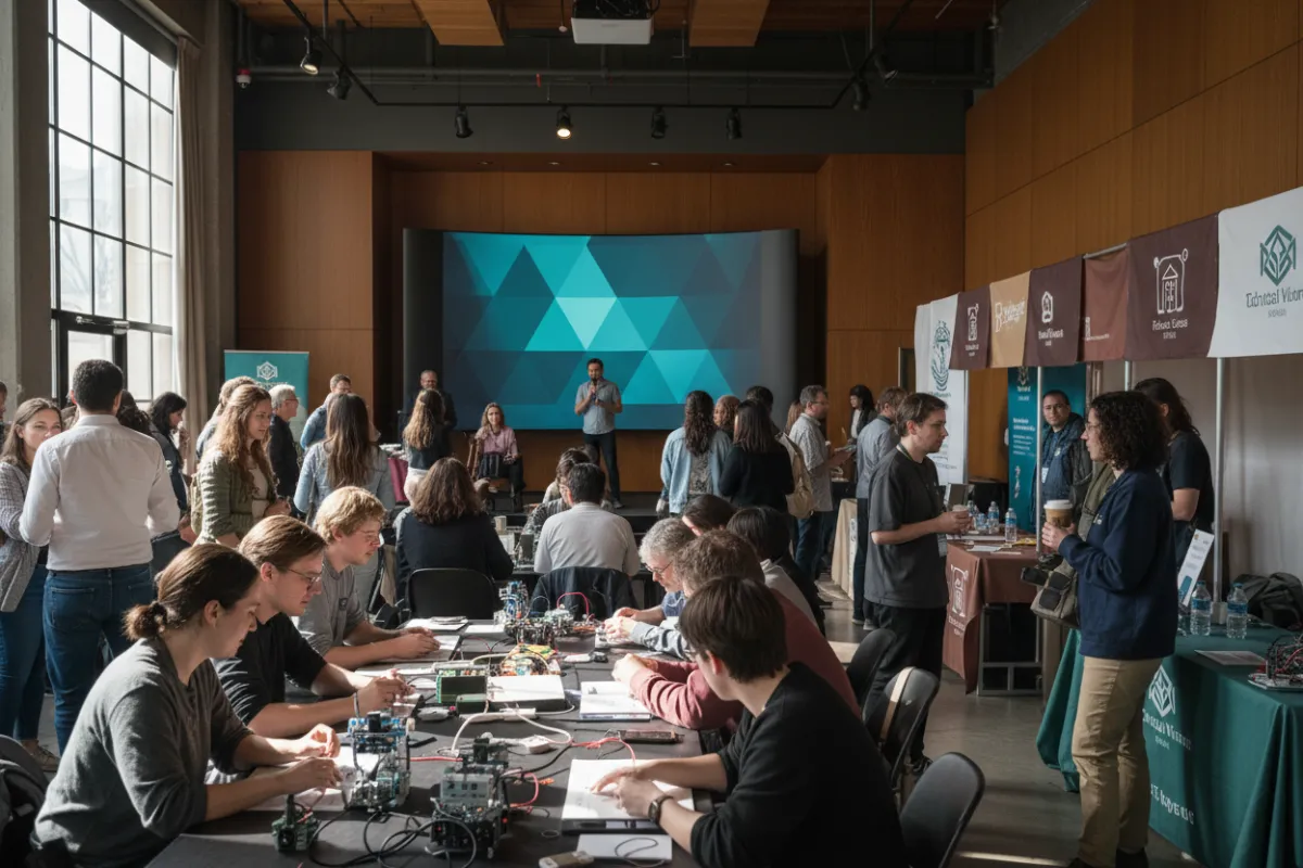 A lively indoor community event with workshops, presentations, and networking.