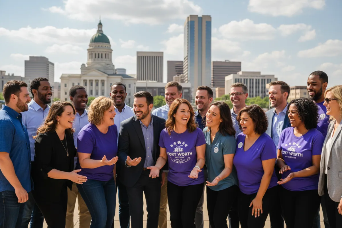 Diverse Fort Worth residents and business owners together outdoors with city landmarks, symbolizing unity and local pride.