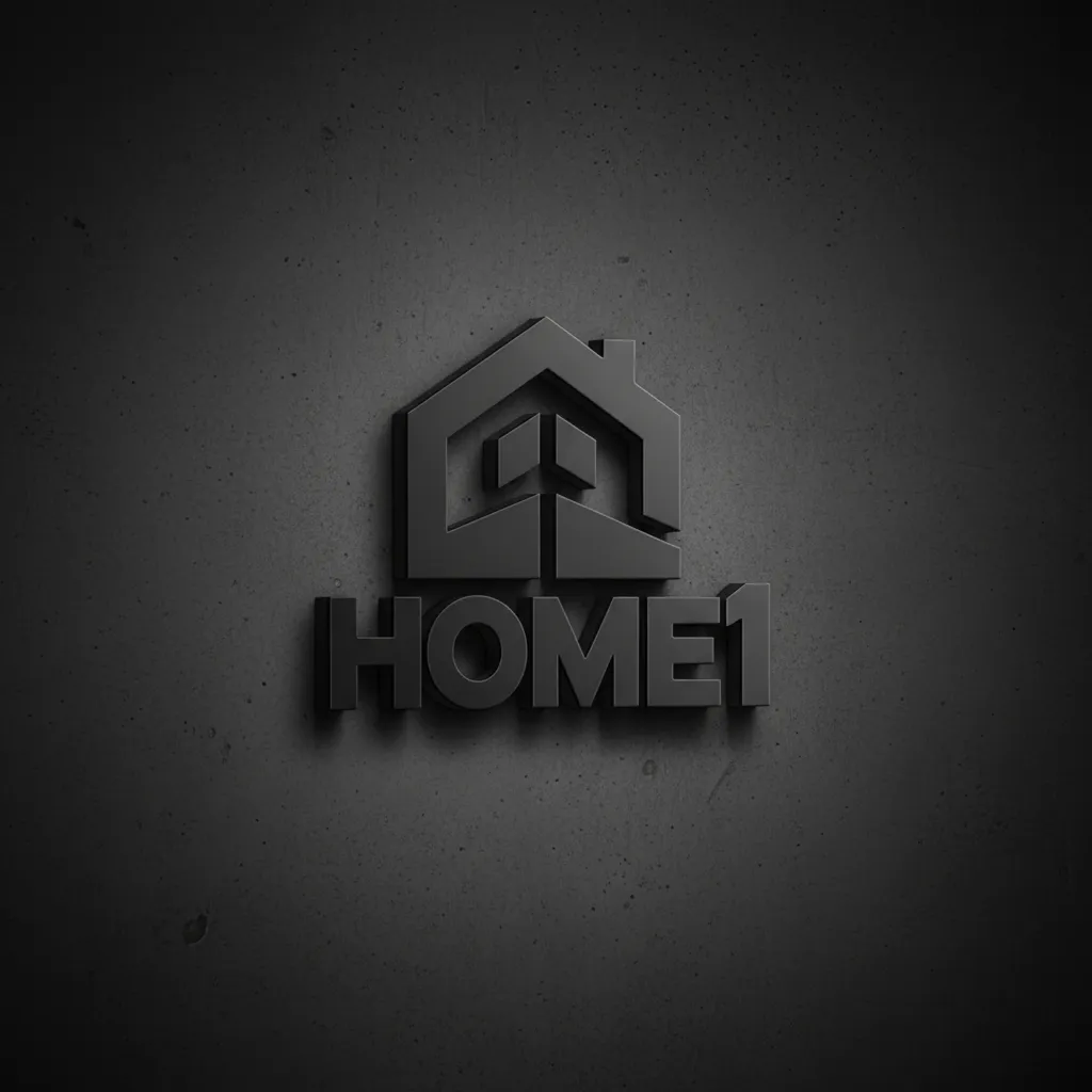 HOME1 Markenlogo in urbaner Typografie, zentriert, auf neutralem Hintergrund, plastische Darstellung mit klaren Linien; repräsentiert die Betreiber‑Marke und Wiedererkennungswerte.