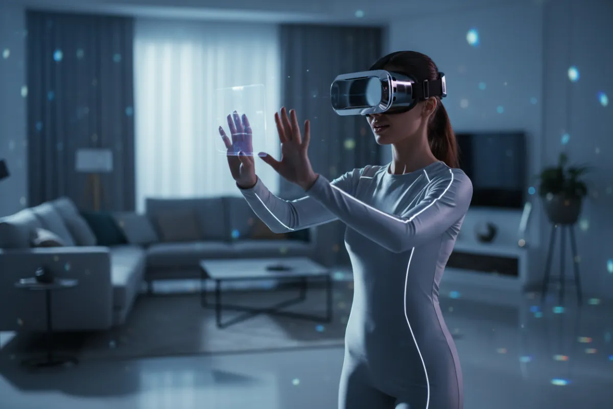 A young woman wearing a sleek VR headset, standing in a modern living room, reaching out with both hands as if interacting with a virtual object. The background is softly blurred, emphasizing her engagement and excitement. The lighting is cool and futuristic, highlighting the contours of the headset and her focused expression.