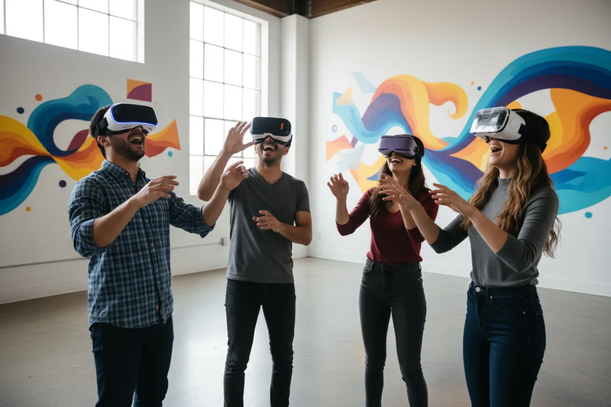 A diverse group of four people, each wearing different VR headsets, standing in a circle in a bright studio. They are laughing and gesturing animatedly, clearly engaged in a shared virtual experience. The background features colorful abstract wall art, adding vibrancy to the scene.