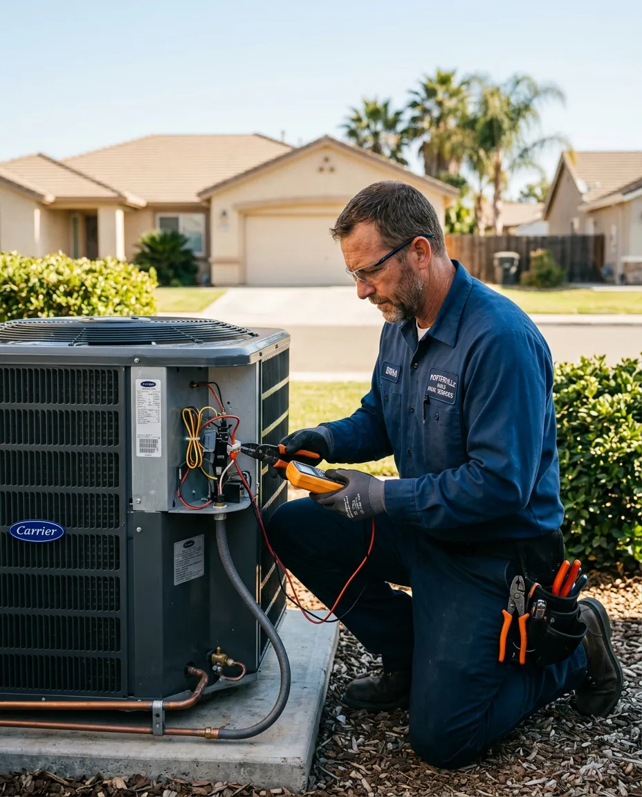 Local HVAC contractor working on residential service in Porterville California