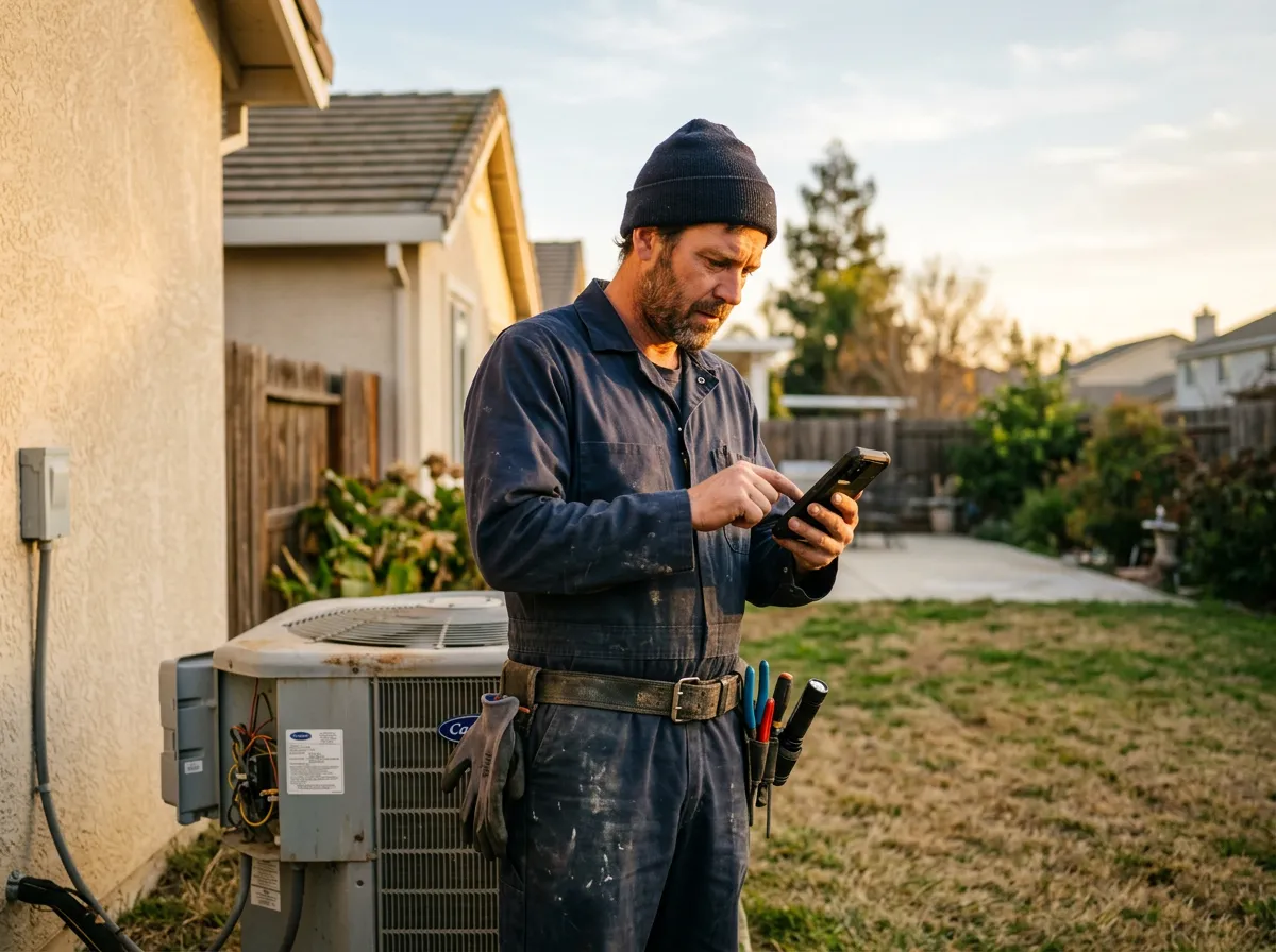 HVAC technician checking a phone on a job site in California’s Central Valley