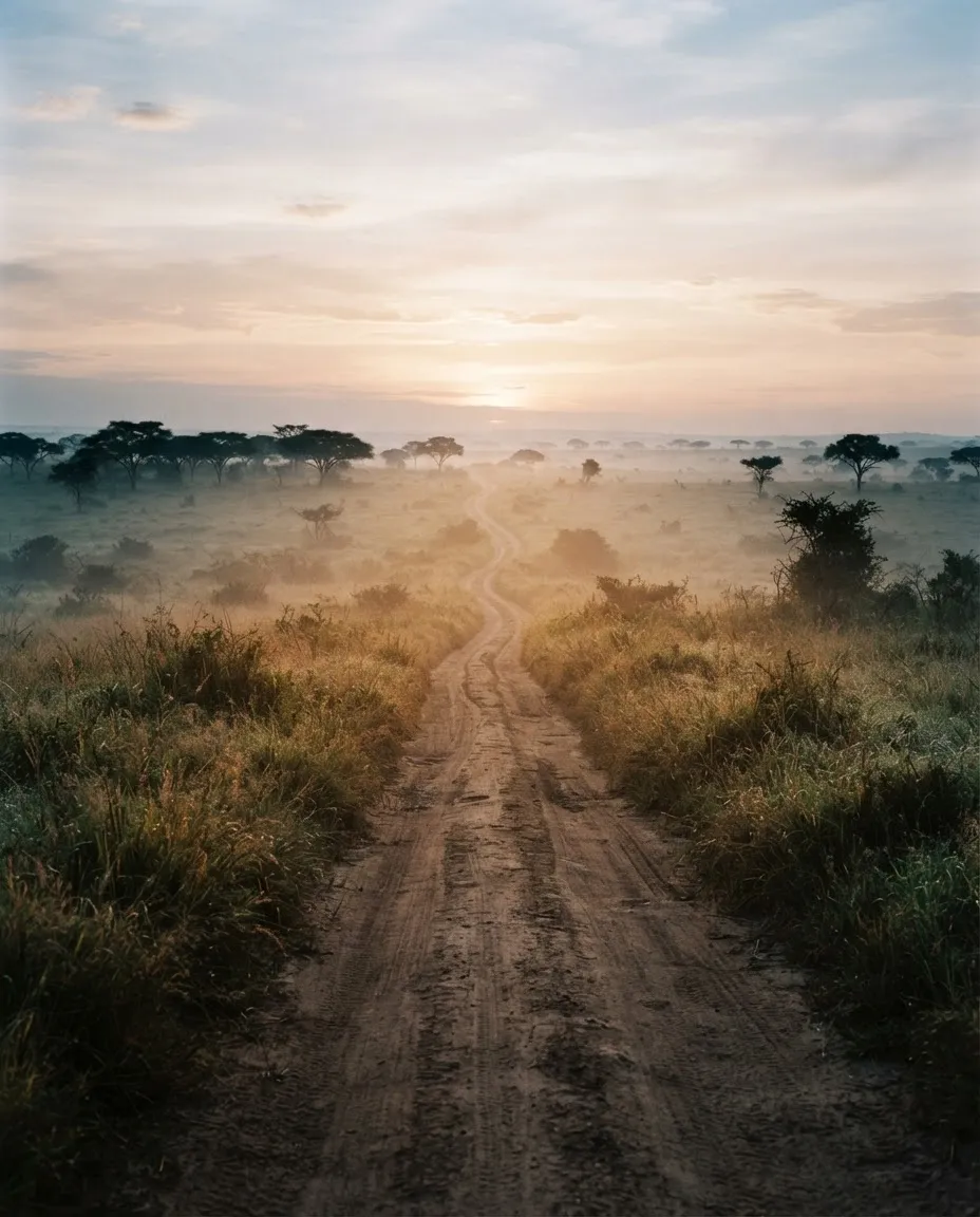 Open wilderness trail cutting through golden grasses toward endless savannah horizon under dusk light