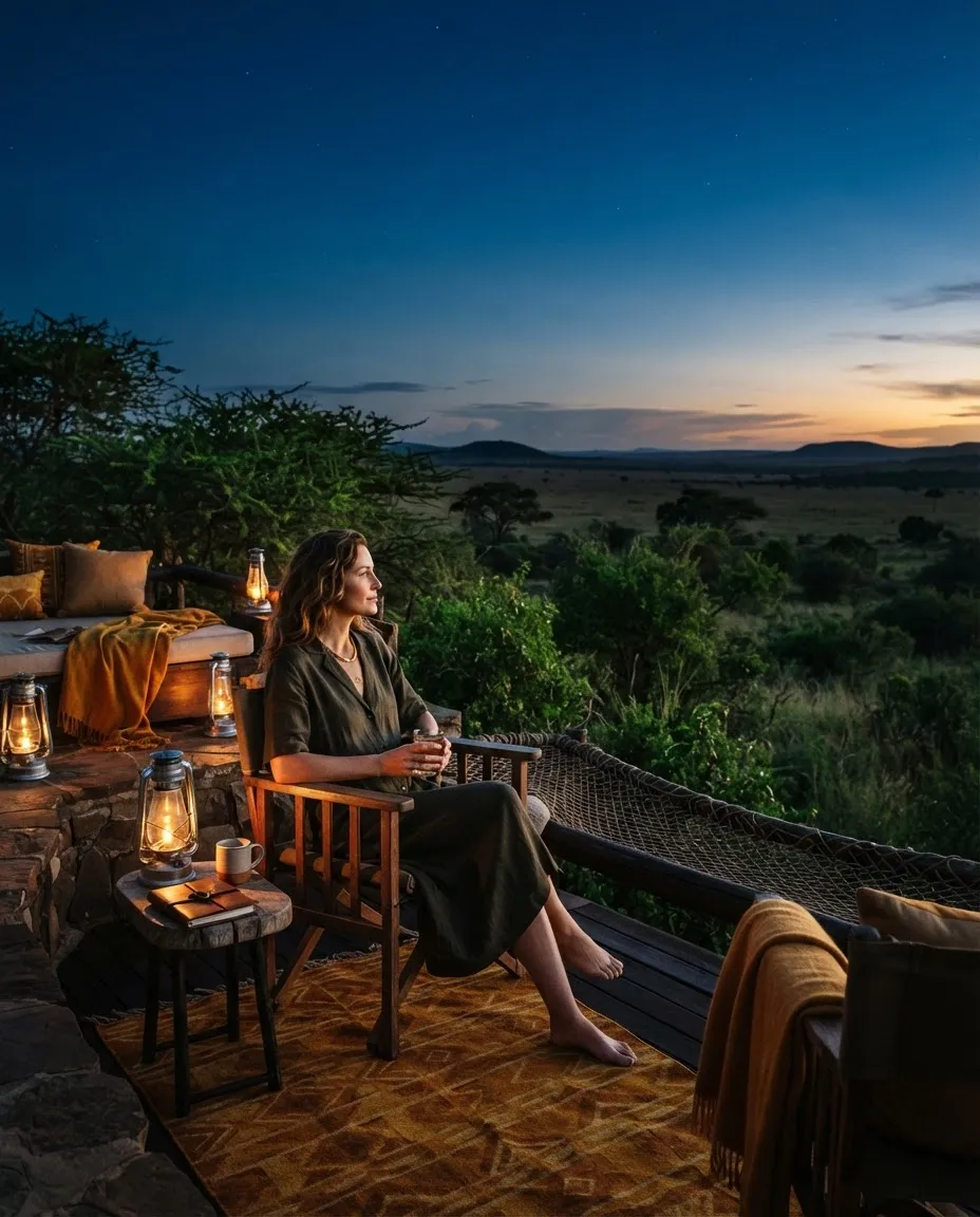 Editorial view of a secluded luxury tented camp terrace at dusk overlooking the Serengeti savanna