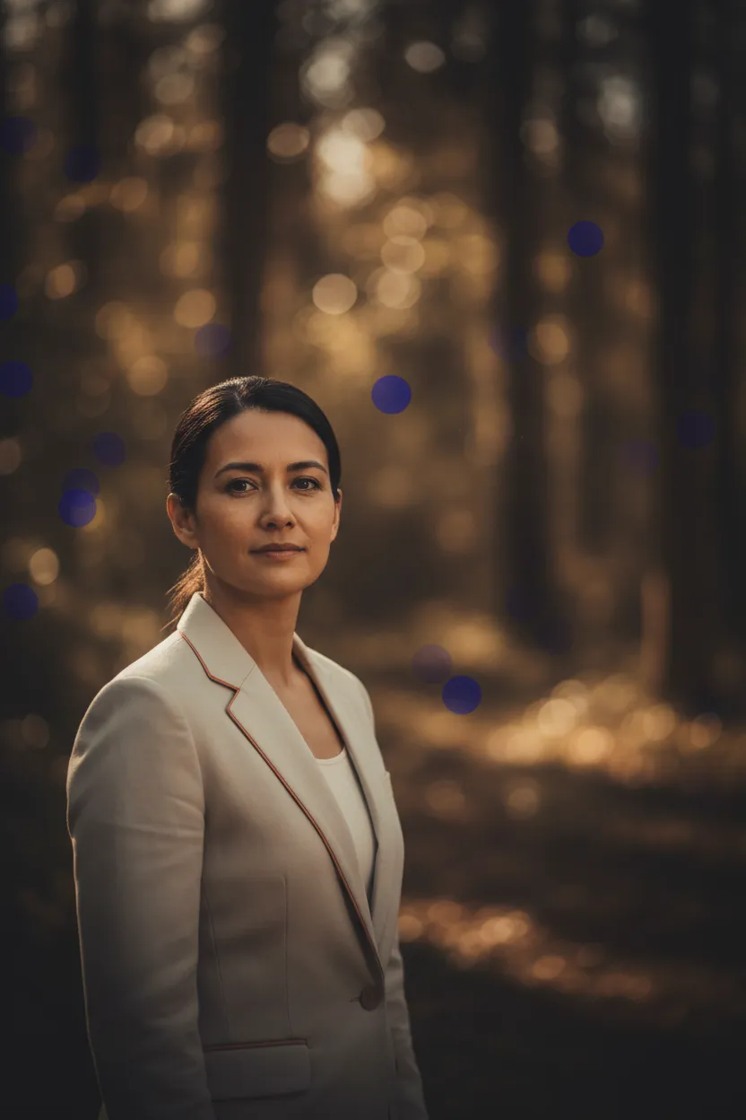 A professional looking calm and composed in a softly lit natural environment, representing peace of mind.