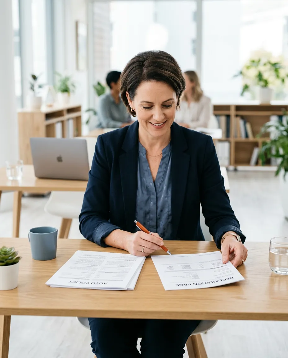 Professional insurance advisor reviewing auto policy documents