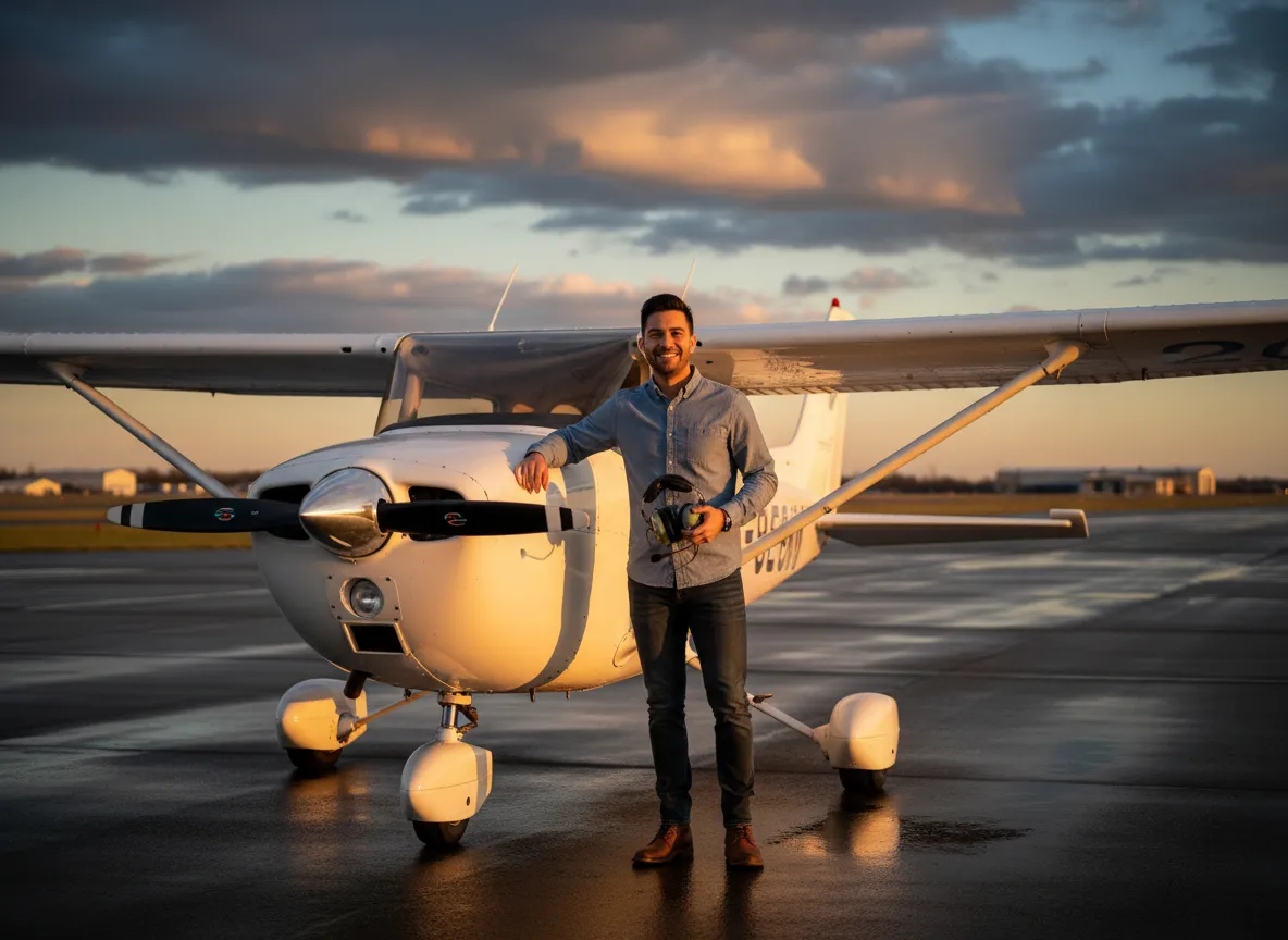 Smiling student pilot standing by a small airplane at sunset