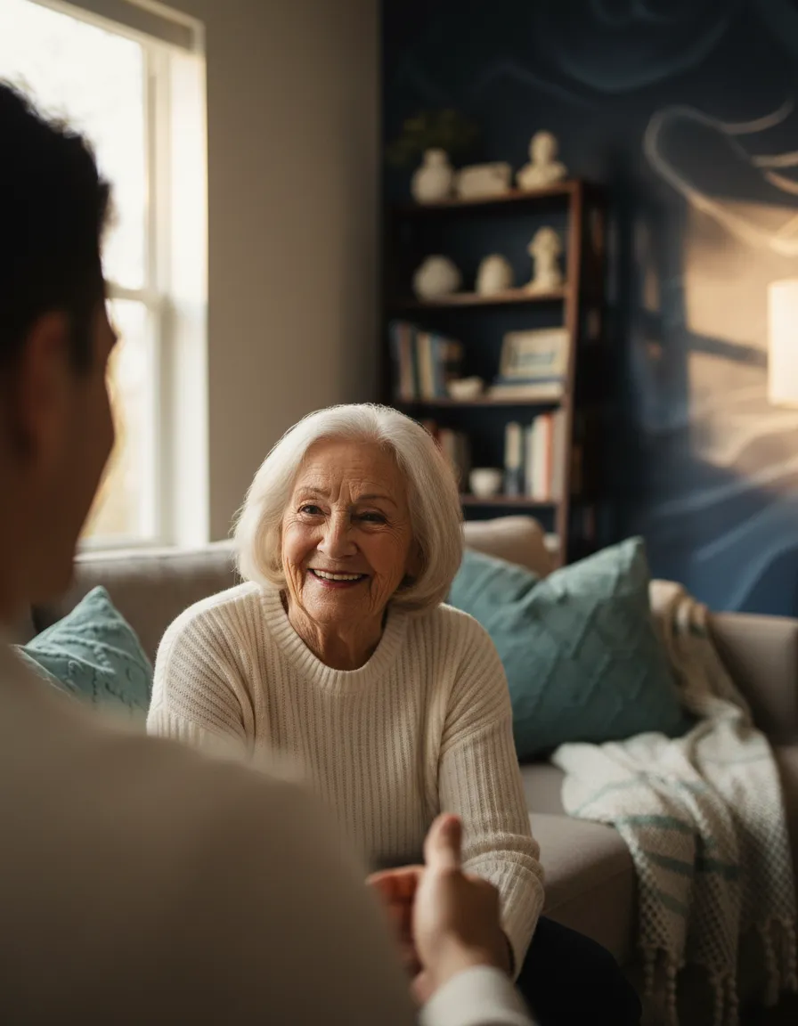 Senior engaged in deep conversation