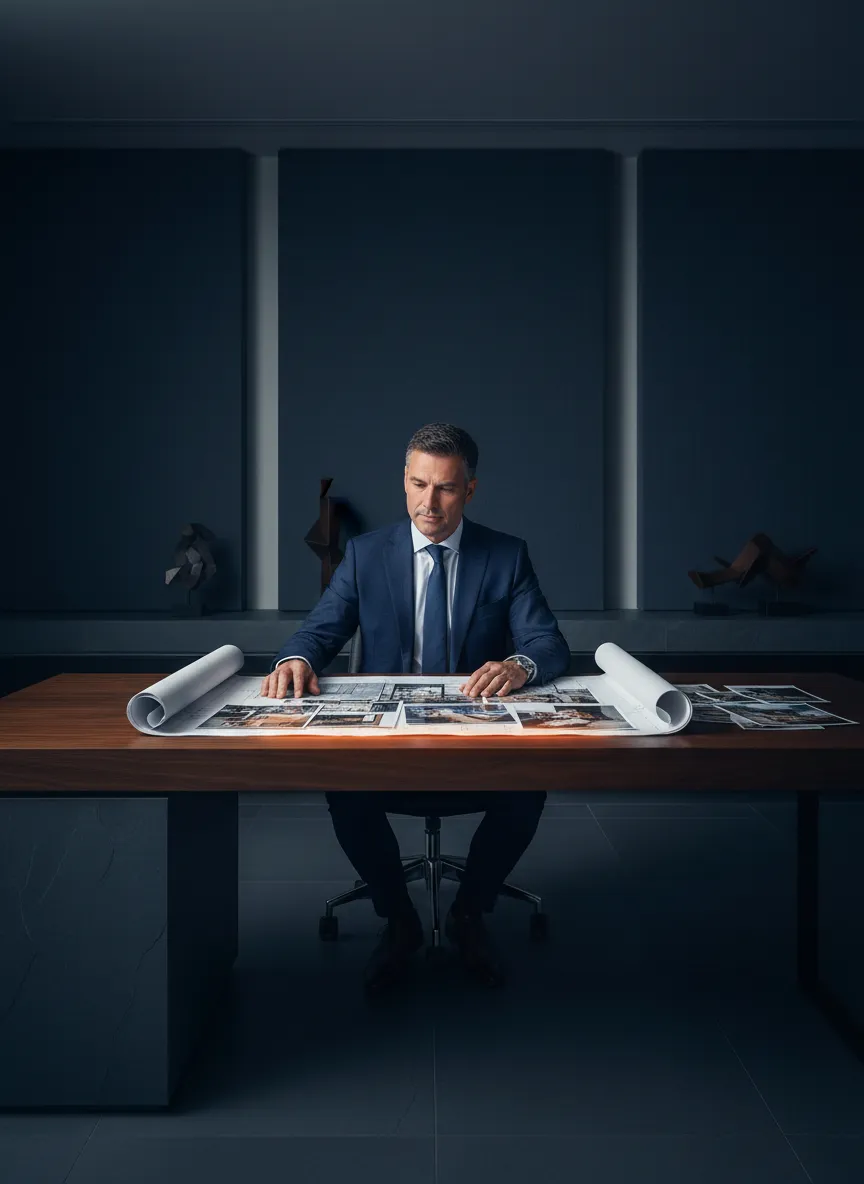 Public adjuster analyzing blueprints and property damage