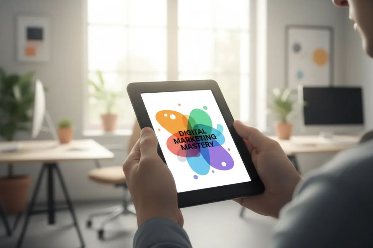A close-up of hands holding an open eBook reader displaying a vibrant marketing guide cover, with a blurred office background and soft natural light. The image conveys anticipation and professional curiosity.