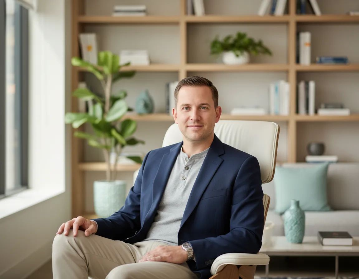 Portrait of executive coach Zach Schuenke in a modern, light office