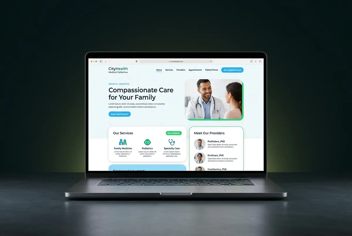 Laptop mockup displaying a modern, responsive website interface for a medical practice