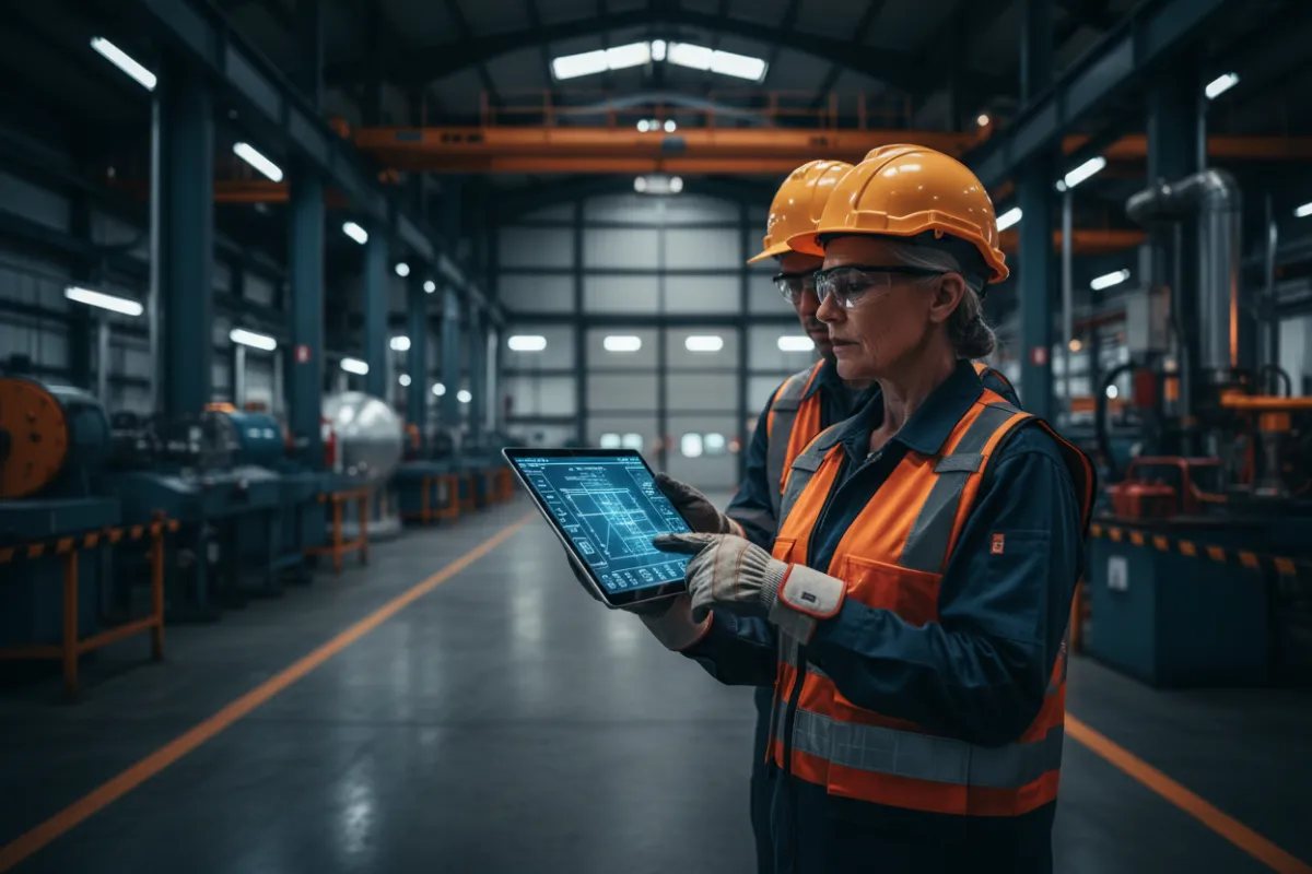 Engineering personnel in safety gear on an industrial site