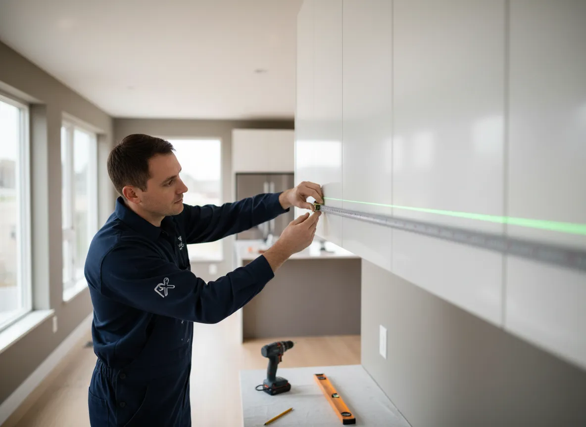 Professional installer measuring and aligning cabinets