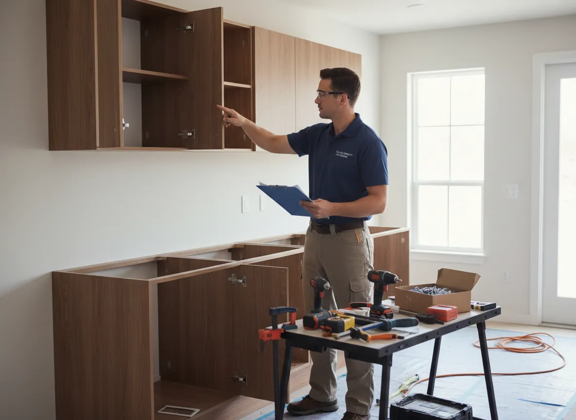 Technician working through a step-by-step cabinet installation process