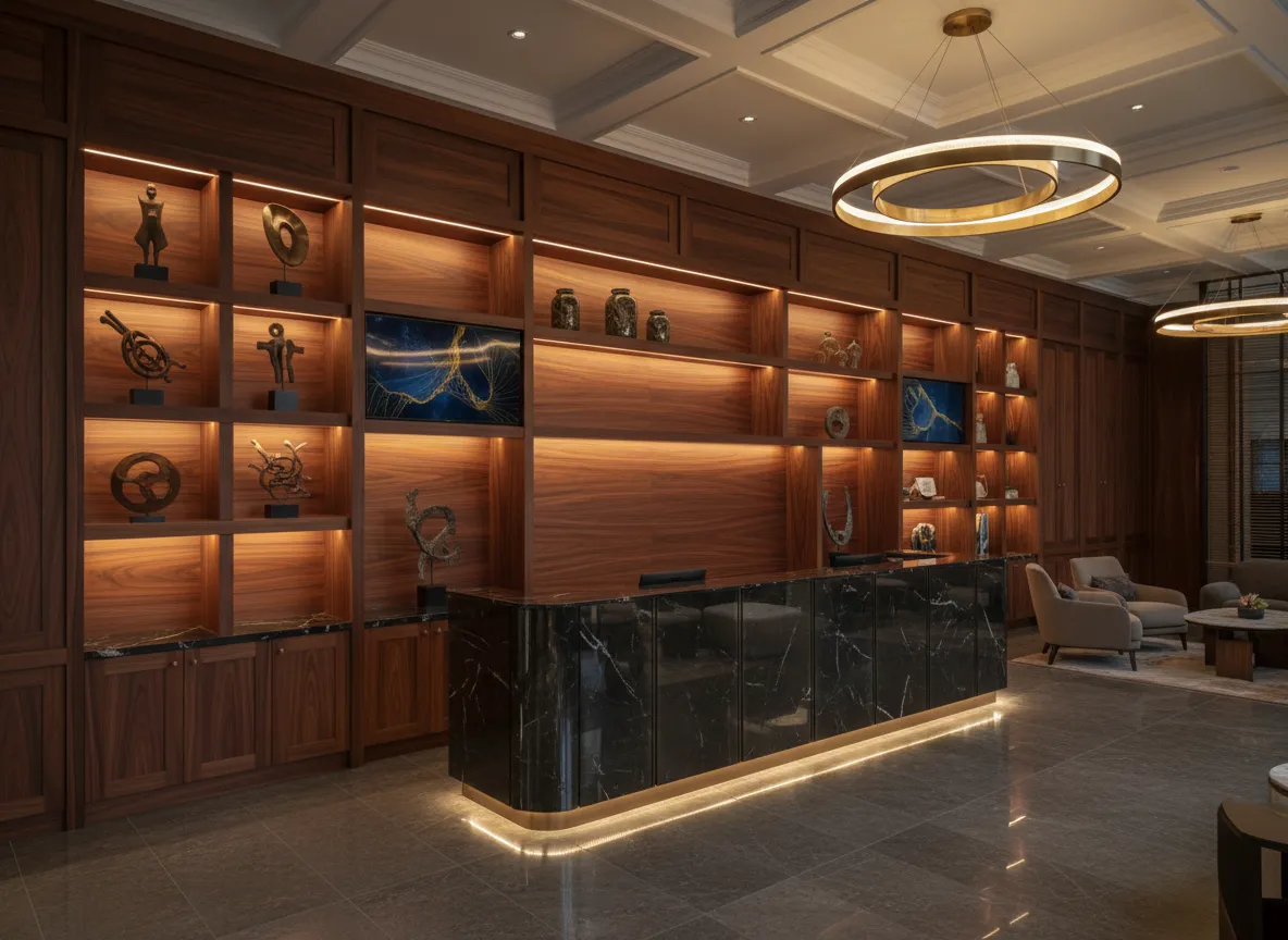 Luxury hotel lobby cabinetry and commercial installation