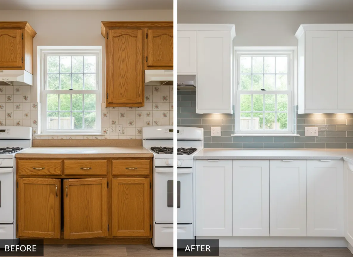 Before and after comparison of cabinet installation showing perfect finish