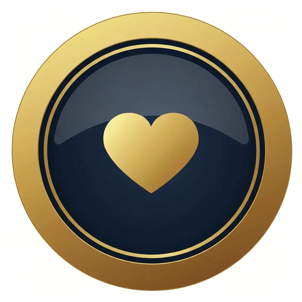 Circular dark blue icon with a gold border containing a gold heart symbol