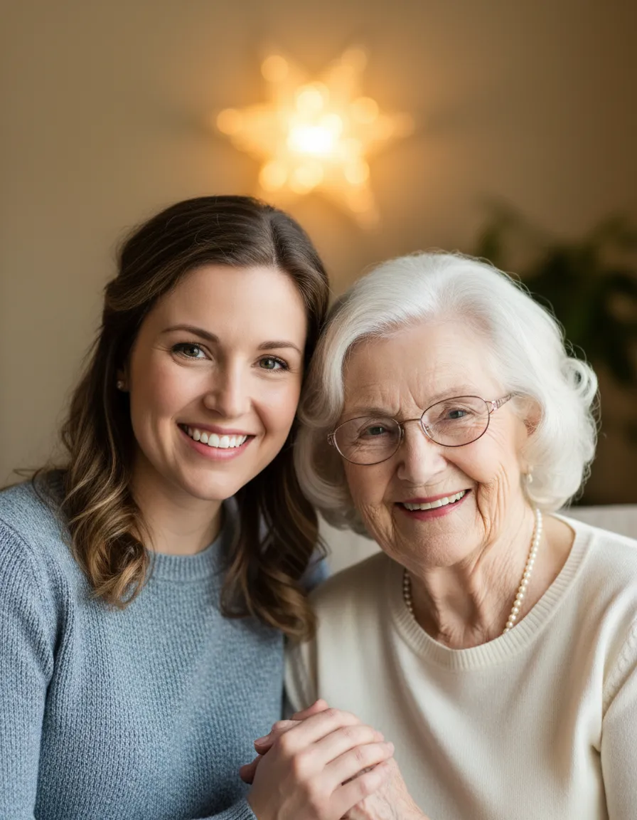 Caregiver with senior woman smiling together