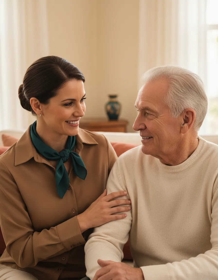 Caregiver with senior man smiling together